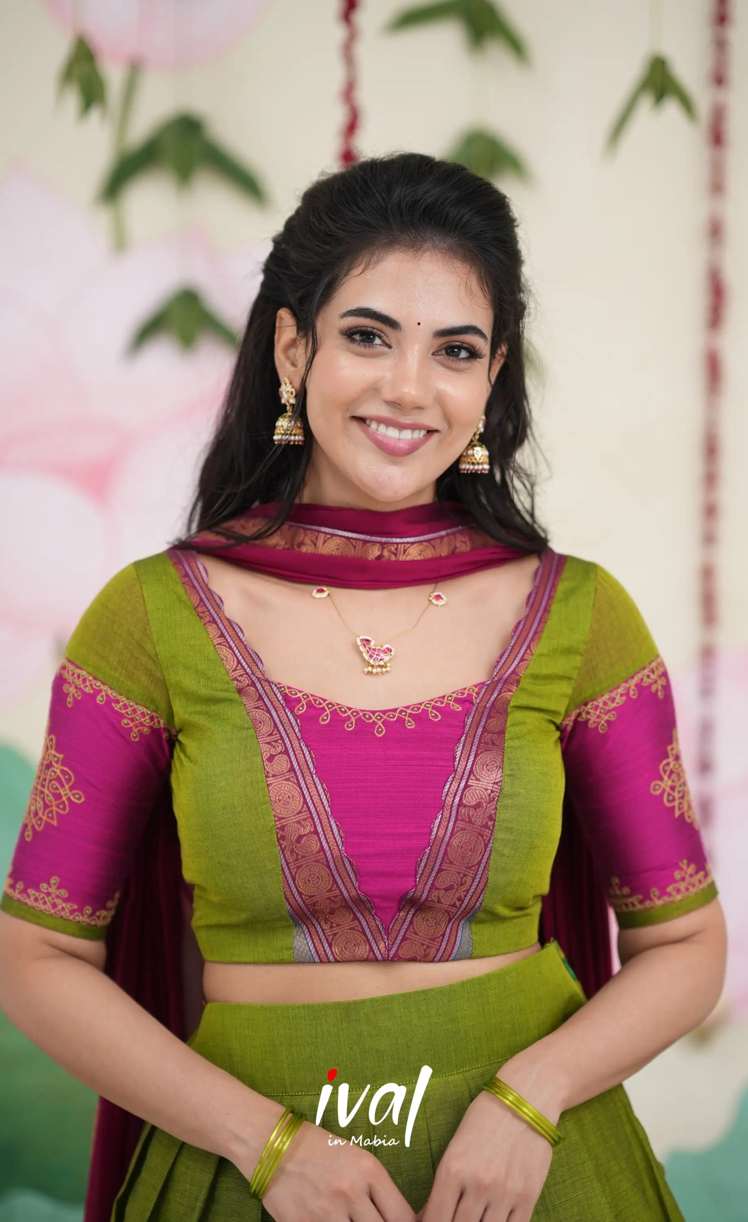 Padmaja Cotton Half Saree - Leaf Green and Magenta Pink Half Sarees