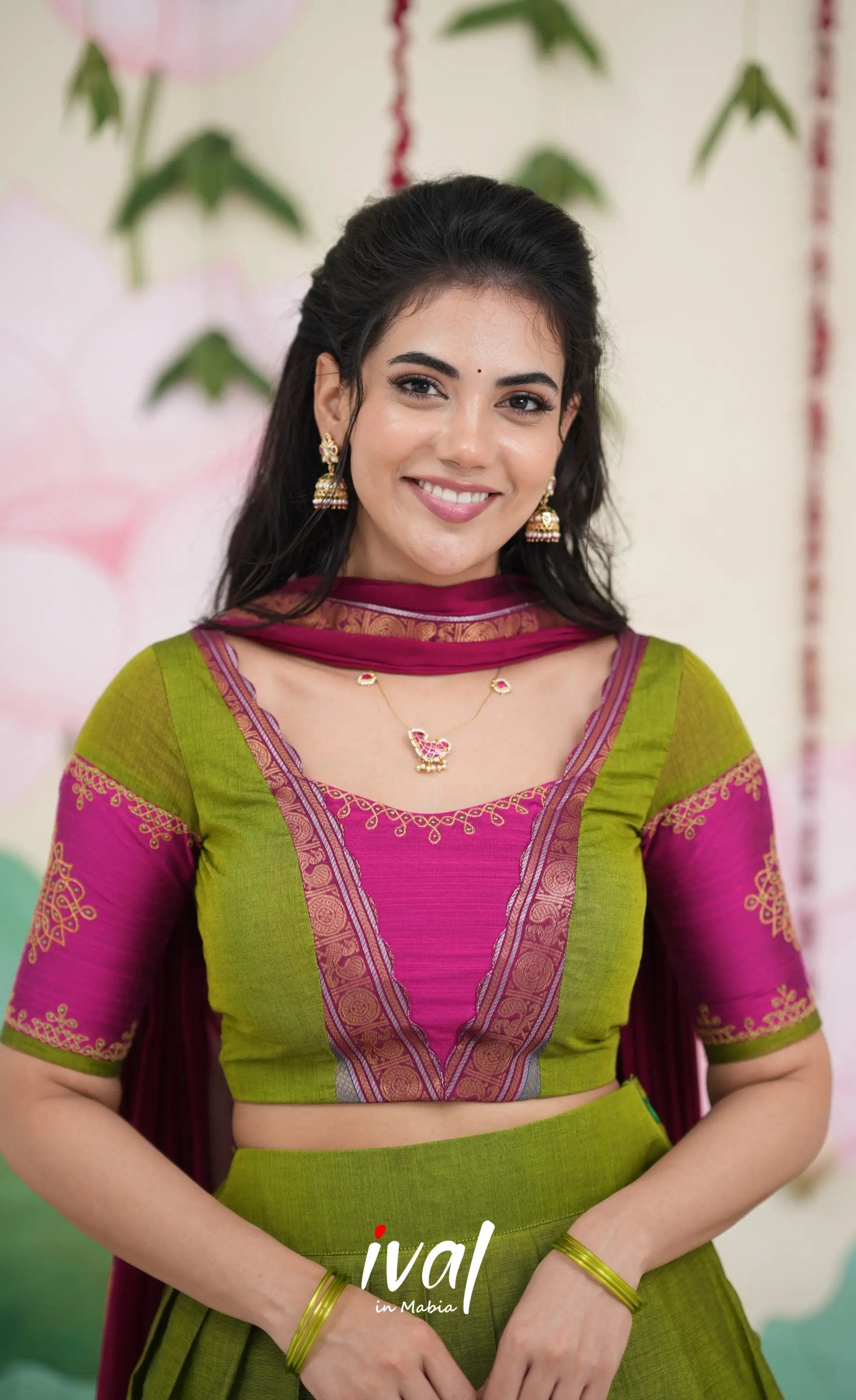 Padmaja Cotton Half Saree - Leaf Green and Magenta Pink Half Sarees