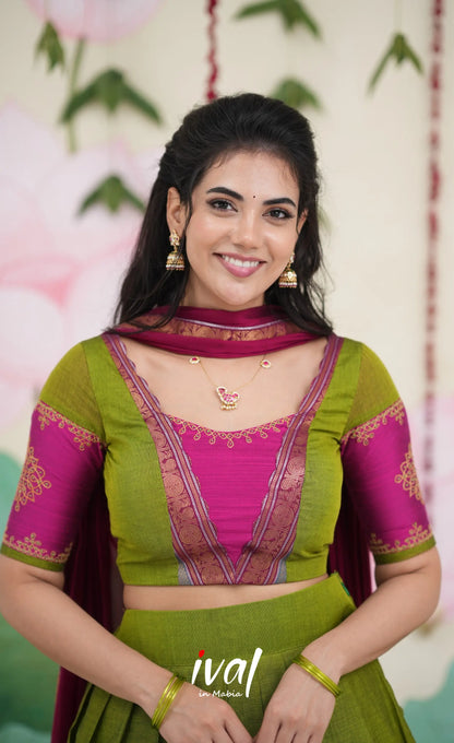 Padmaja Cotton Half Saree - Leaf Green and Magenta Pink Half Sarees