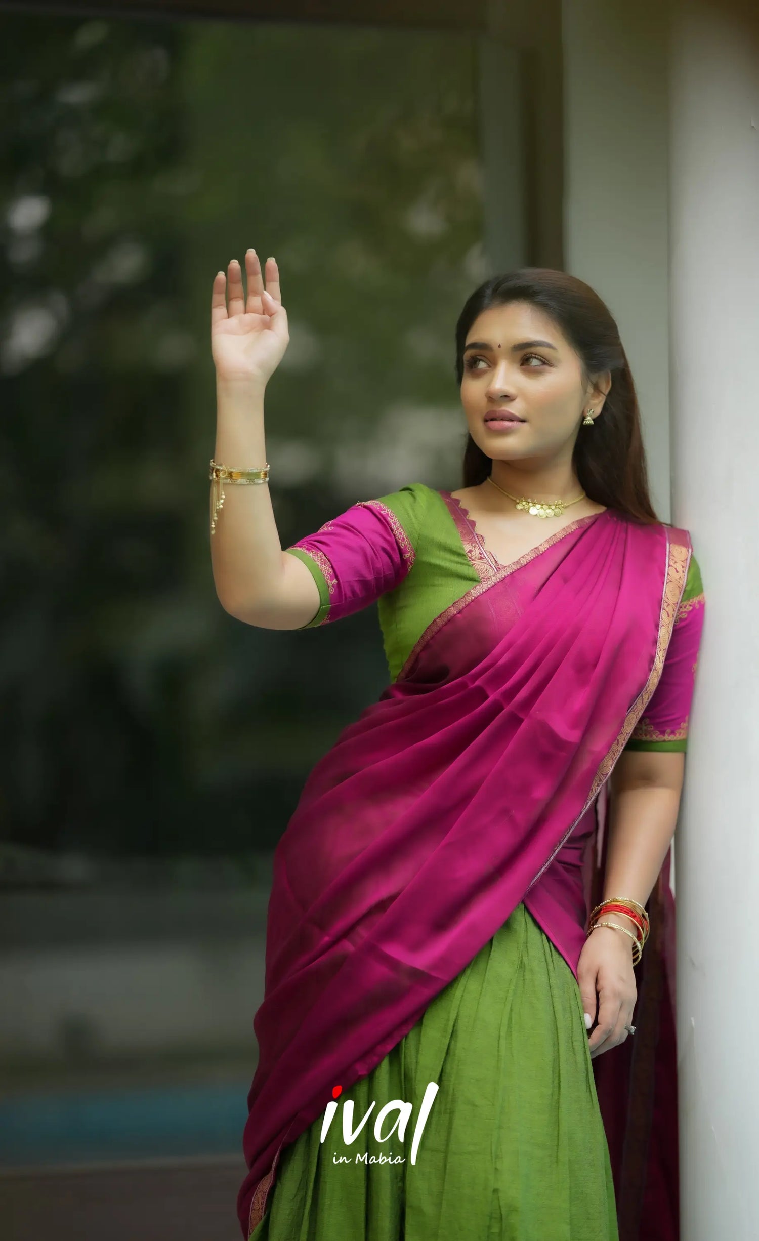 Padmaja Cotton Half Saree - Leaf Green and Magenta Pink Half Sarees