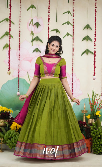 Padmaja Cotton Half Saree - Leaf Green and Magenta Pink Half Sarees