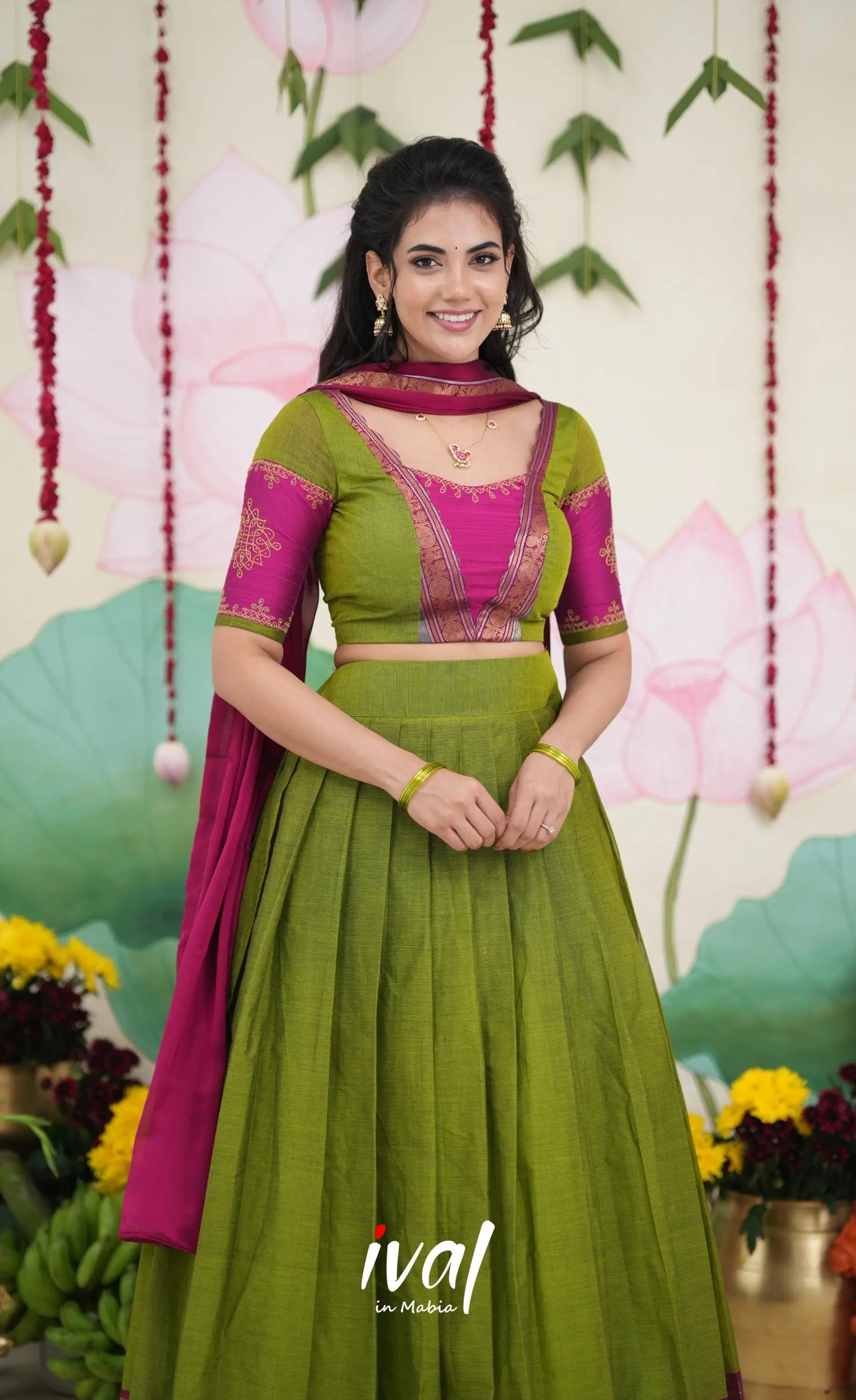 Padmaja Cotton Half Saree - Leaf Green and Magenta Pink Half Sarees