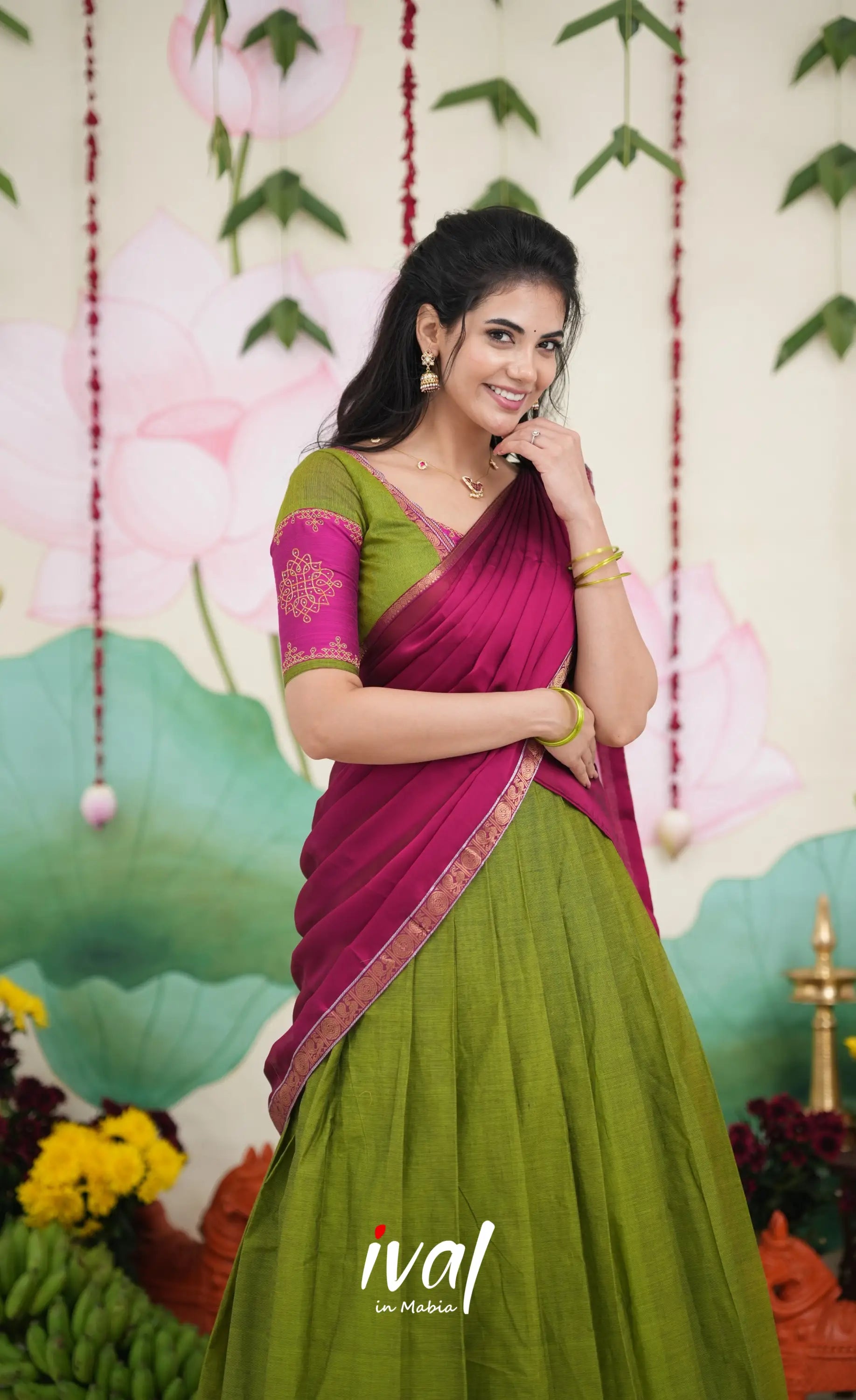 Padmaja Cotton Half Saree - Leaf Green and Magenta Pink Half Sarees