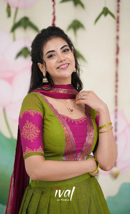 Padmaja Cotton Half Saree - Leaf Green and Magenta Pink Half Sarees