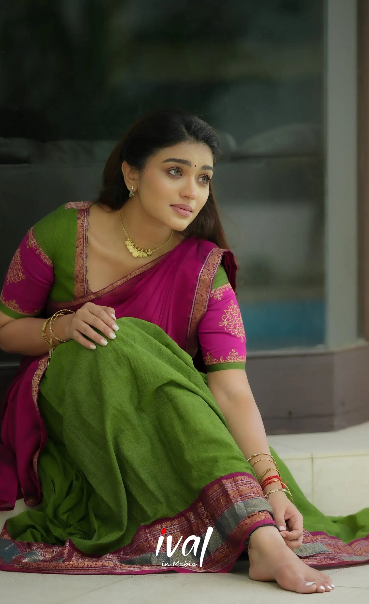 Padmaja Cotton Half Saree - Leaf Green and Magenta Pink Half Sarees