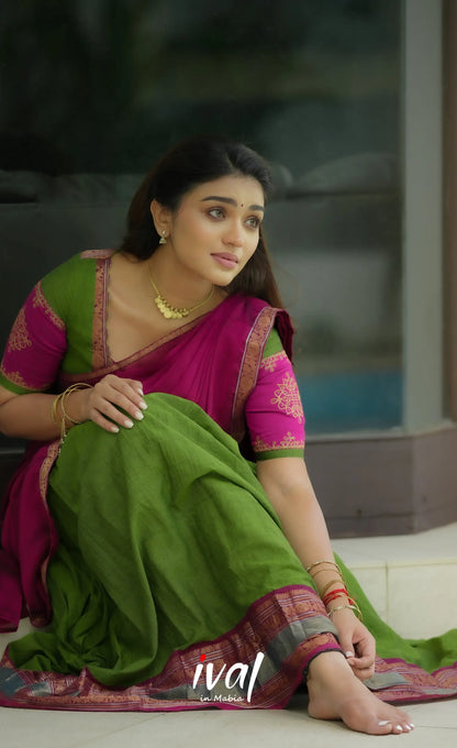 Padmaja Cotton Half Saree - Leaf Green and Magenta Pink Half Sarees