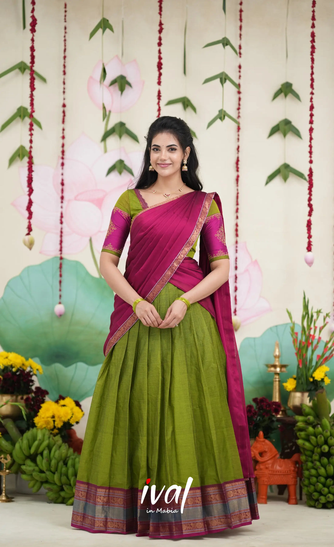Padmaja Cotton Half Saree - Leaf Green and Magenta Pink Half Sarees