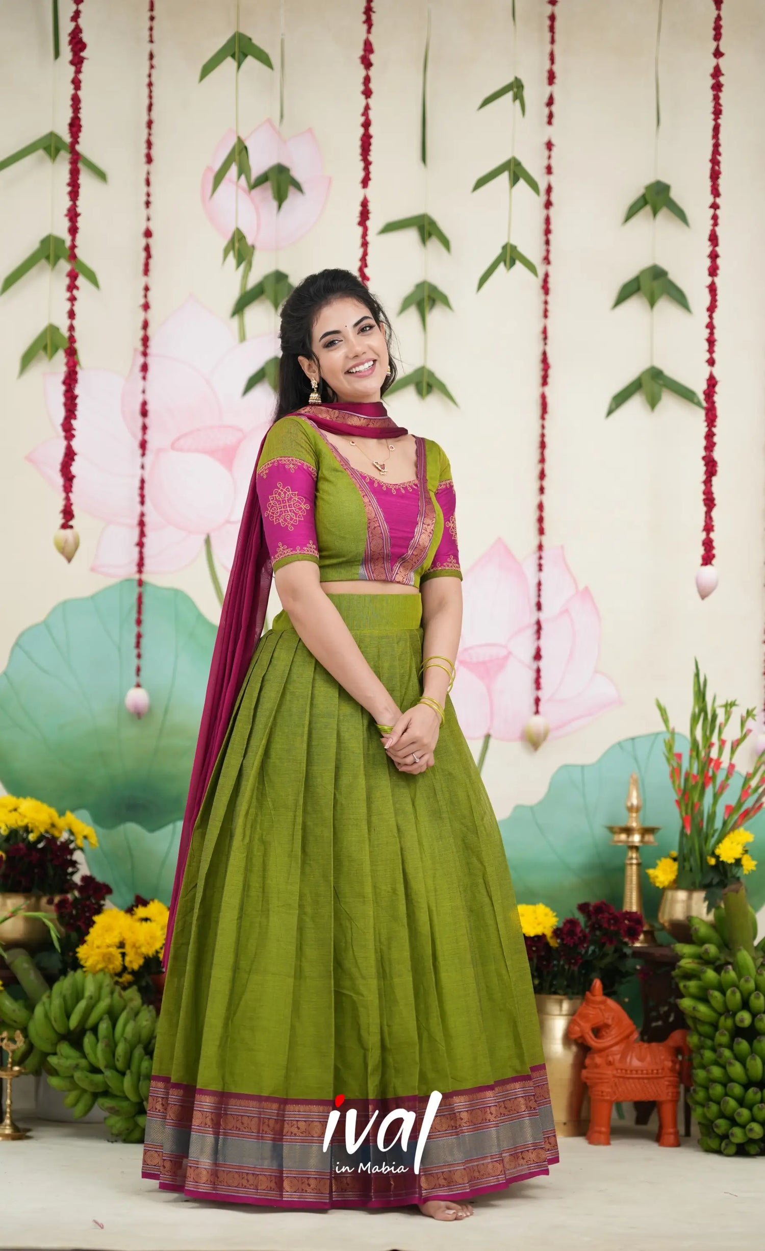 Padmaja Cotton Half Saree - Leaf Green and Magenta Pink Half Sarees