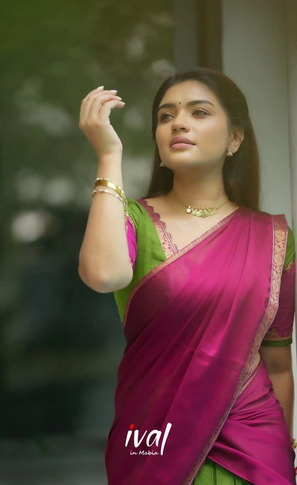 Padmaja Cotton Half Saree - Leaf Green and Magenta Pink Half Sarees