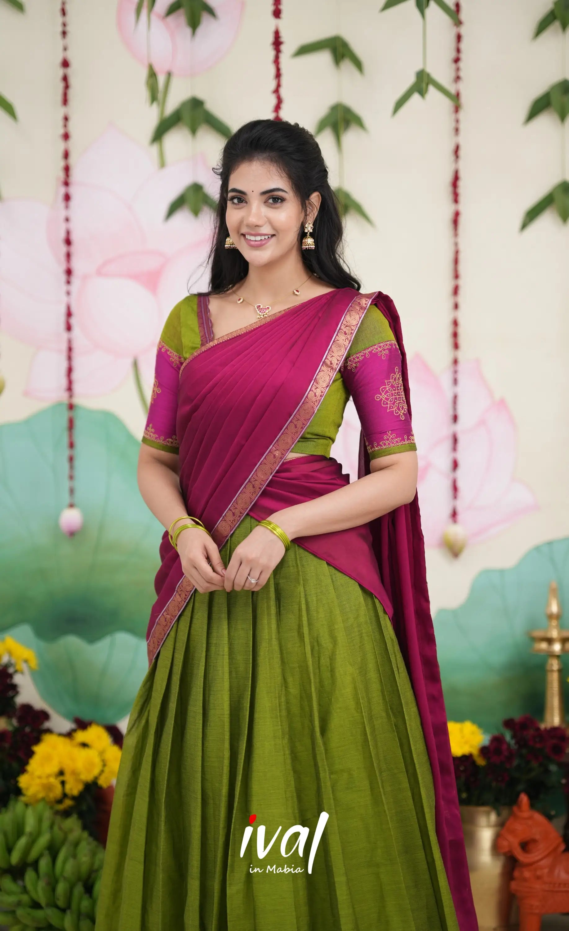 Padmaja Cotton Half Saree - Leaf Green and Magenta Pink Half Sarees