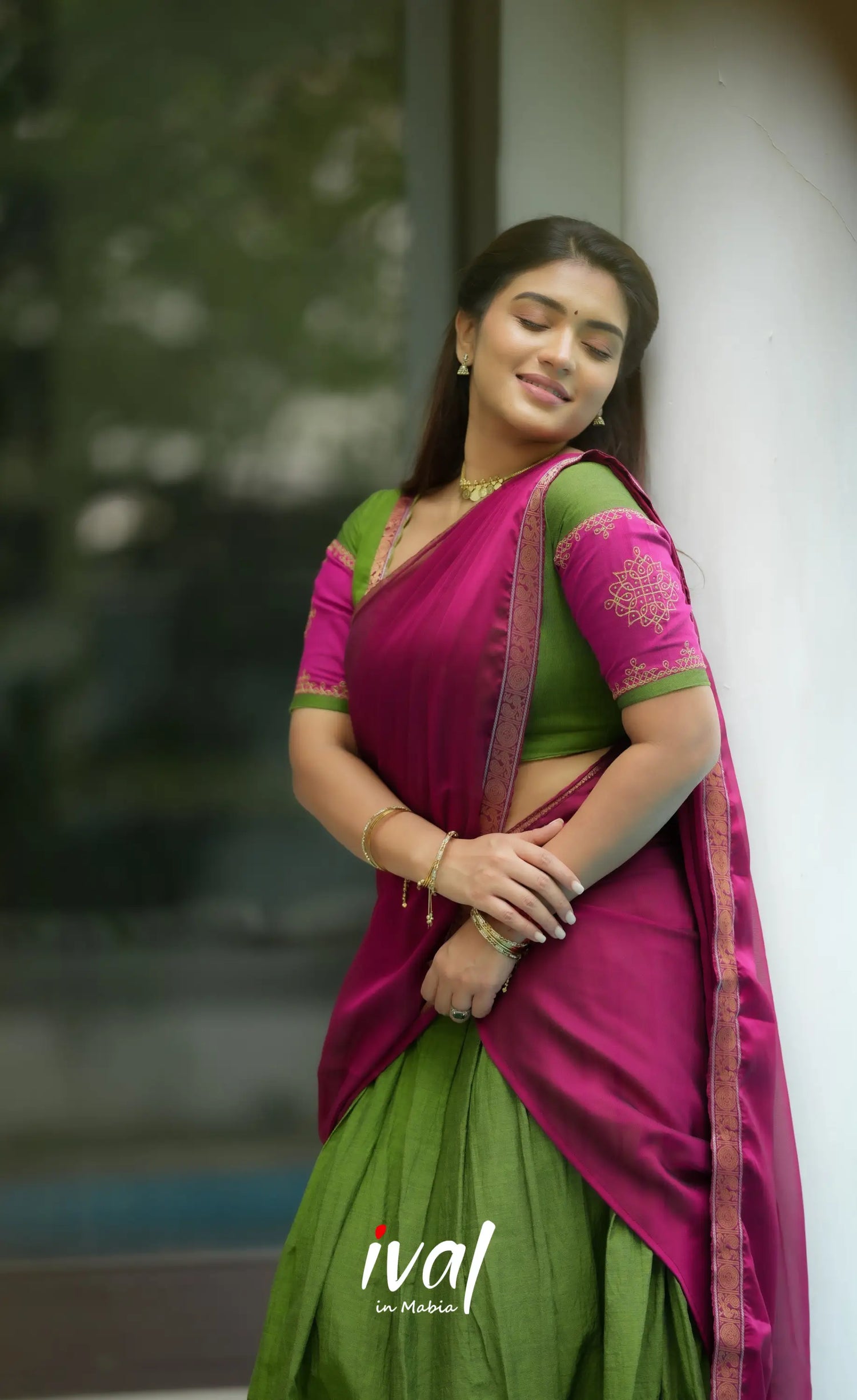 Padmaja Cotton Half Saree - Leaf Green and Magenta Pink Half Sarees