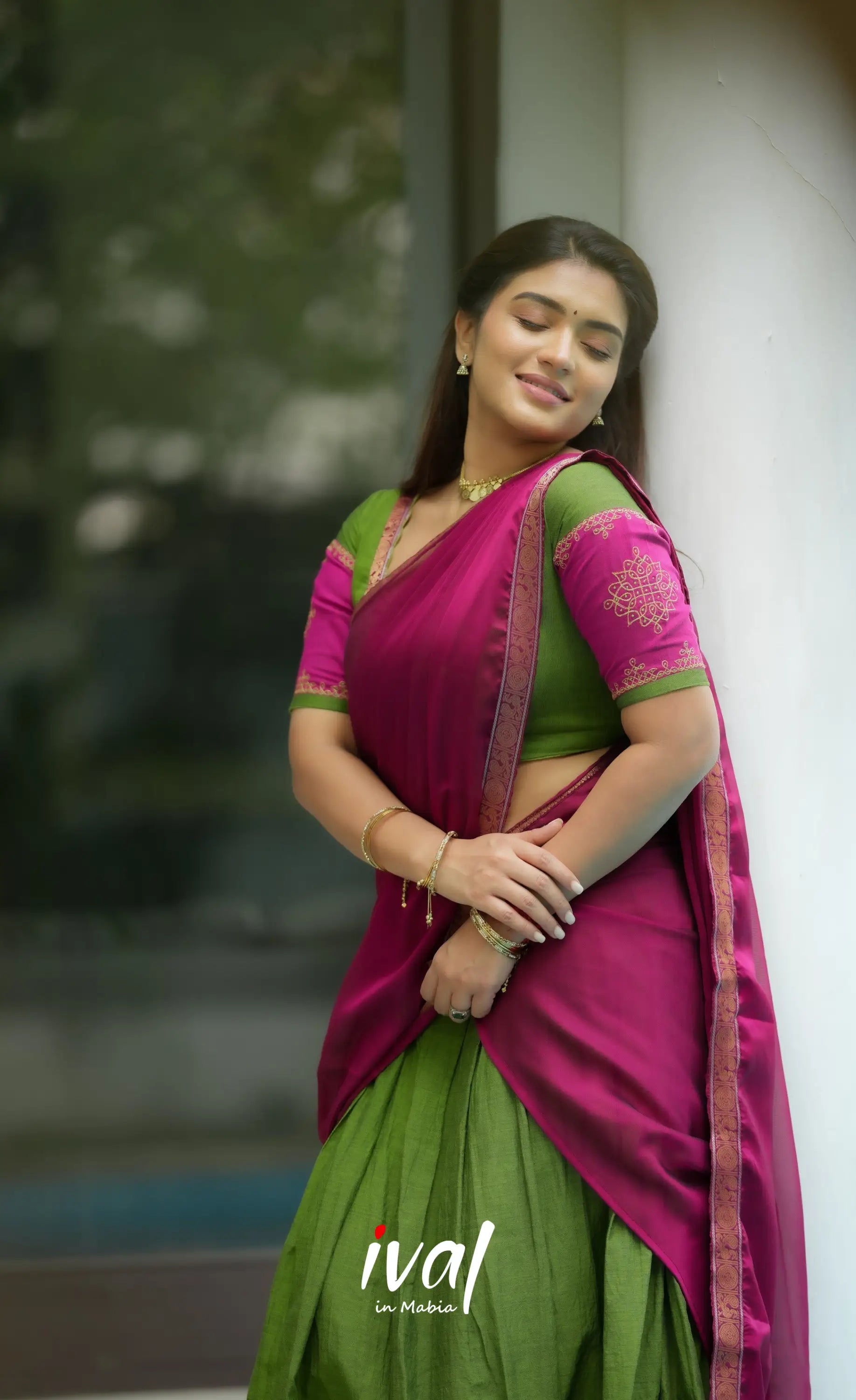 Padmaja Cotton Half Saree - Leaf Green and Magenta Pink Half Sarees