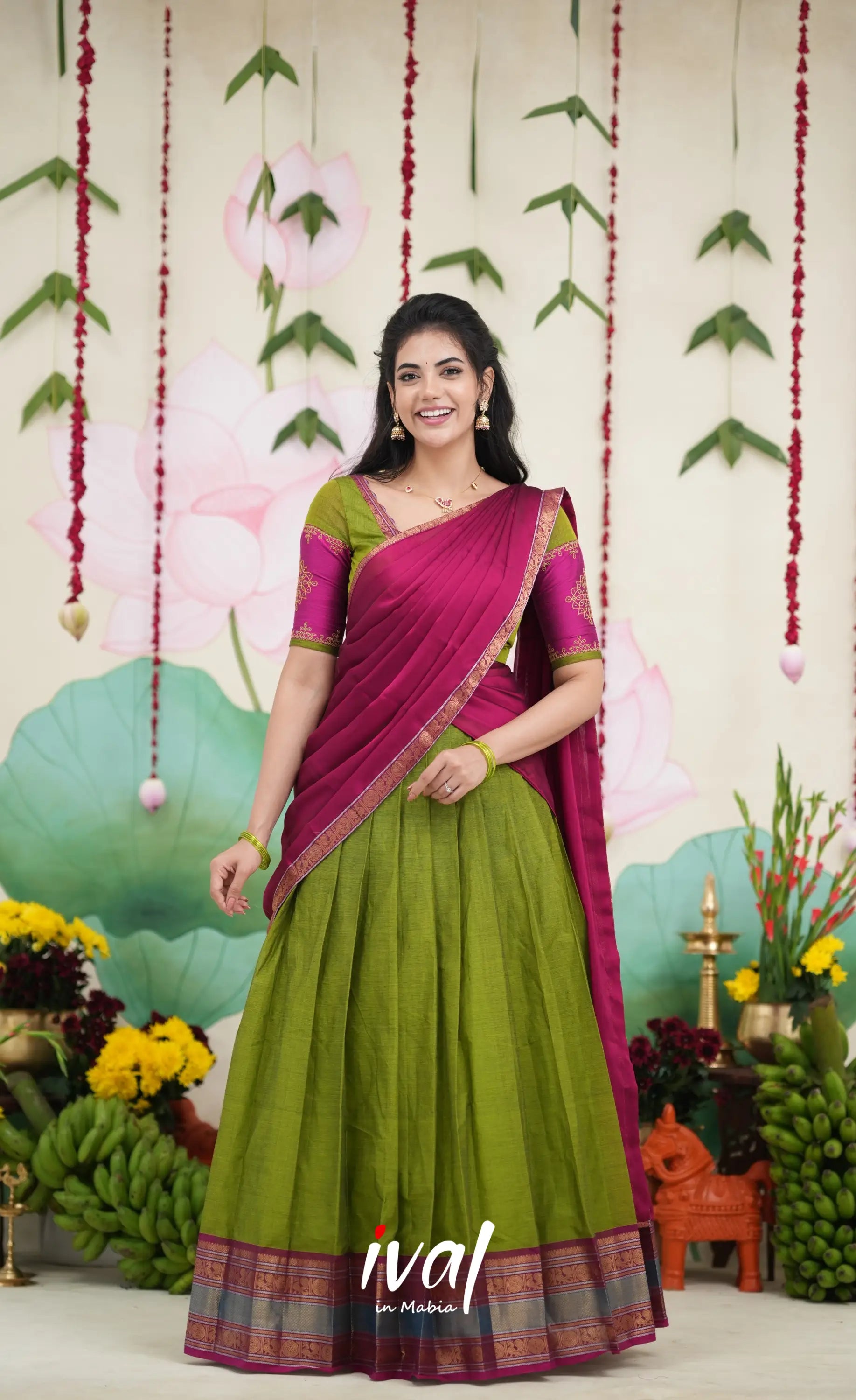 Padmaja Cotton Half Saree - Leaf Green and Magenta Pink Half Sarees