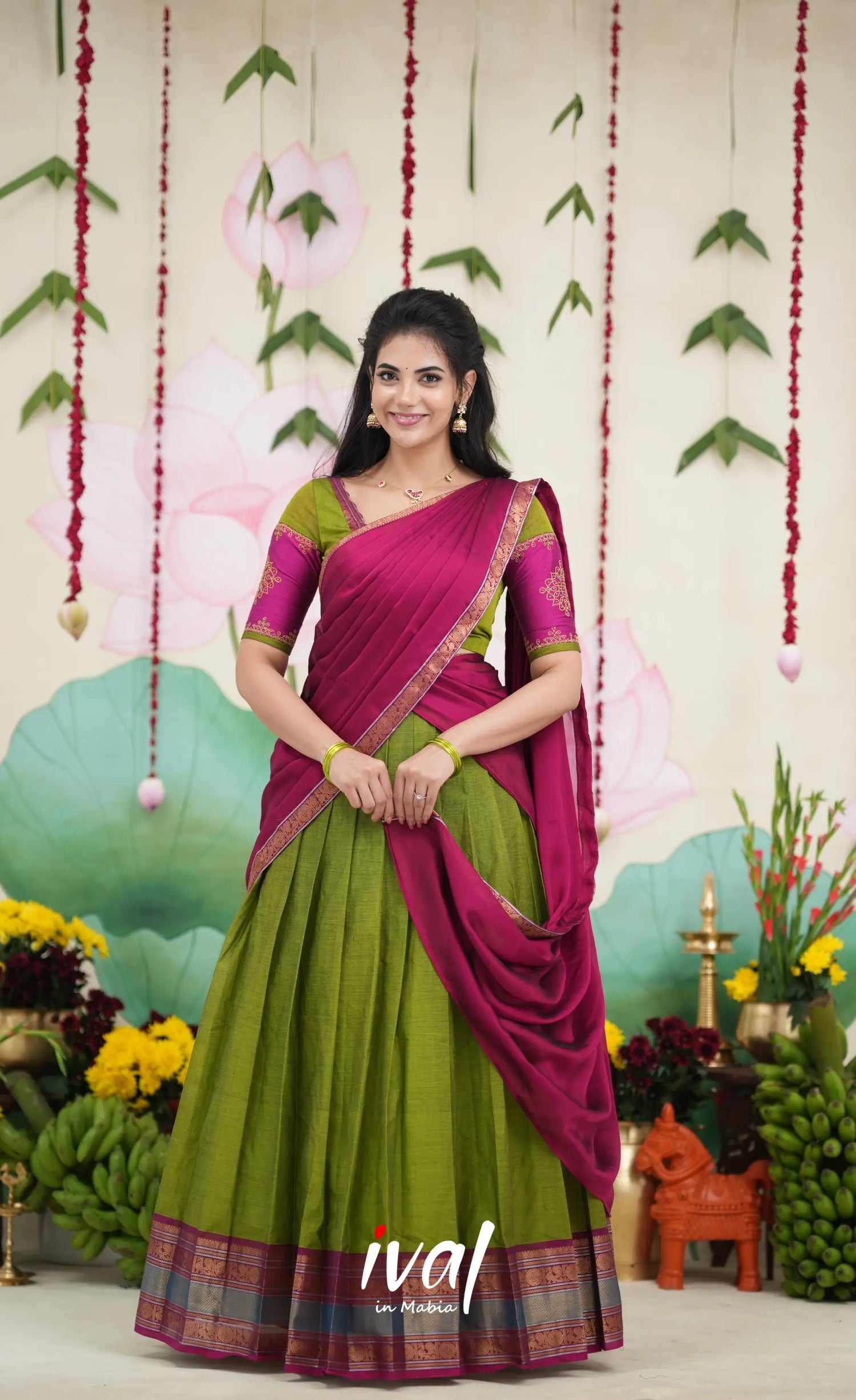 Padmaja Cotton Half Saree - Leaf Green and Magenta Pink Half Sarees