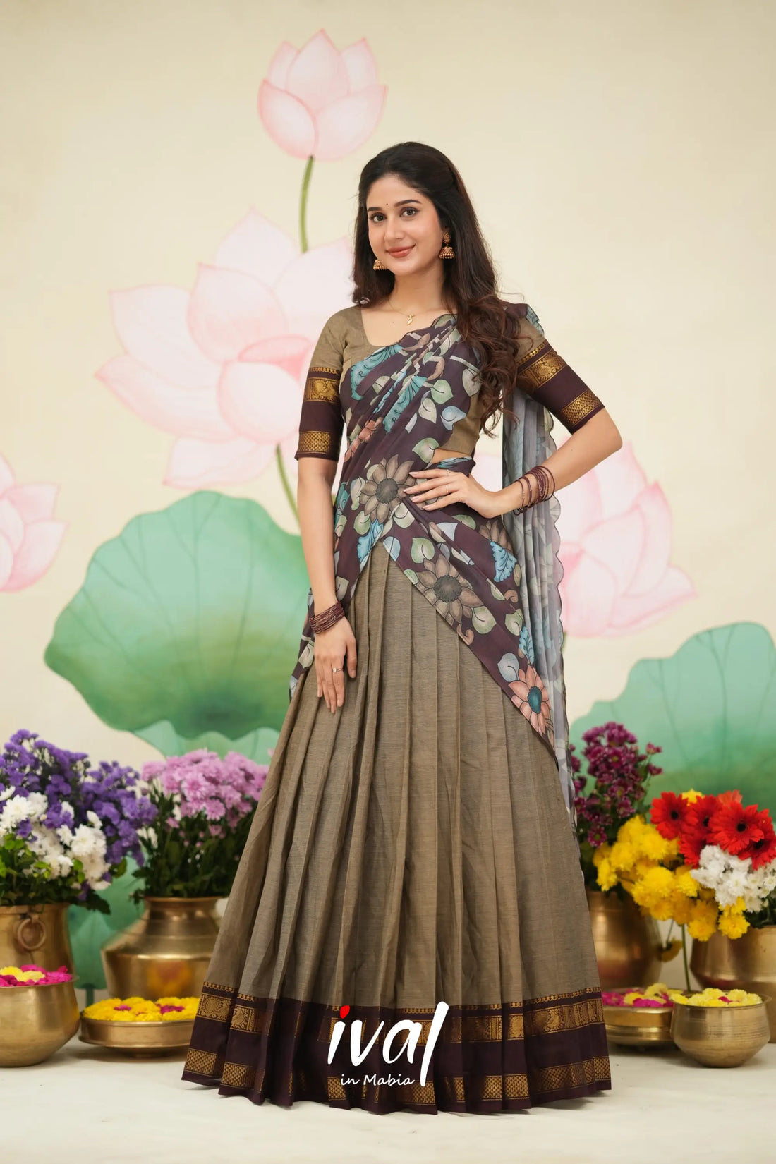 Padmaja Cotton Half Saree - Light Brown and Dark Brown Half Sarees