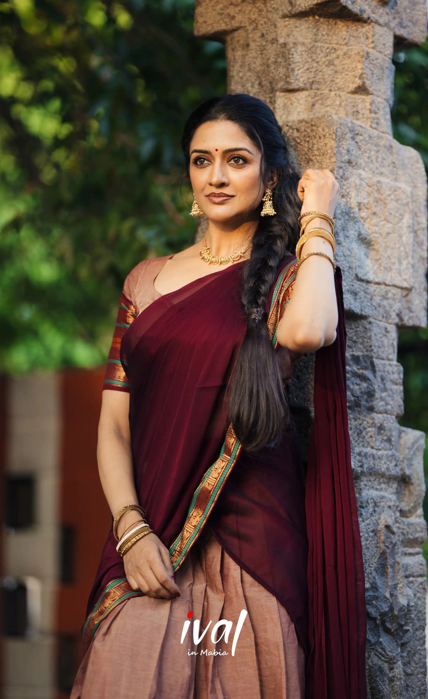 Padmaja Cotton Half Saree - Light Brown and Dark Brown Half Sarees