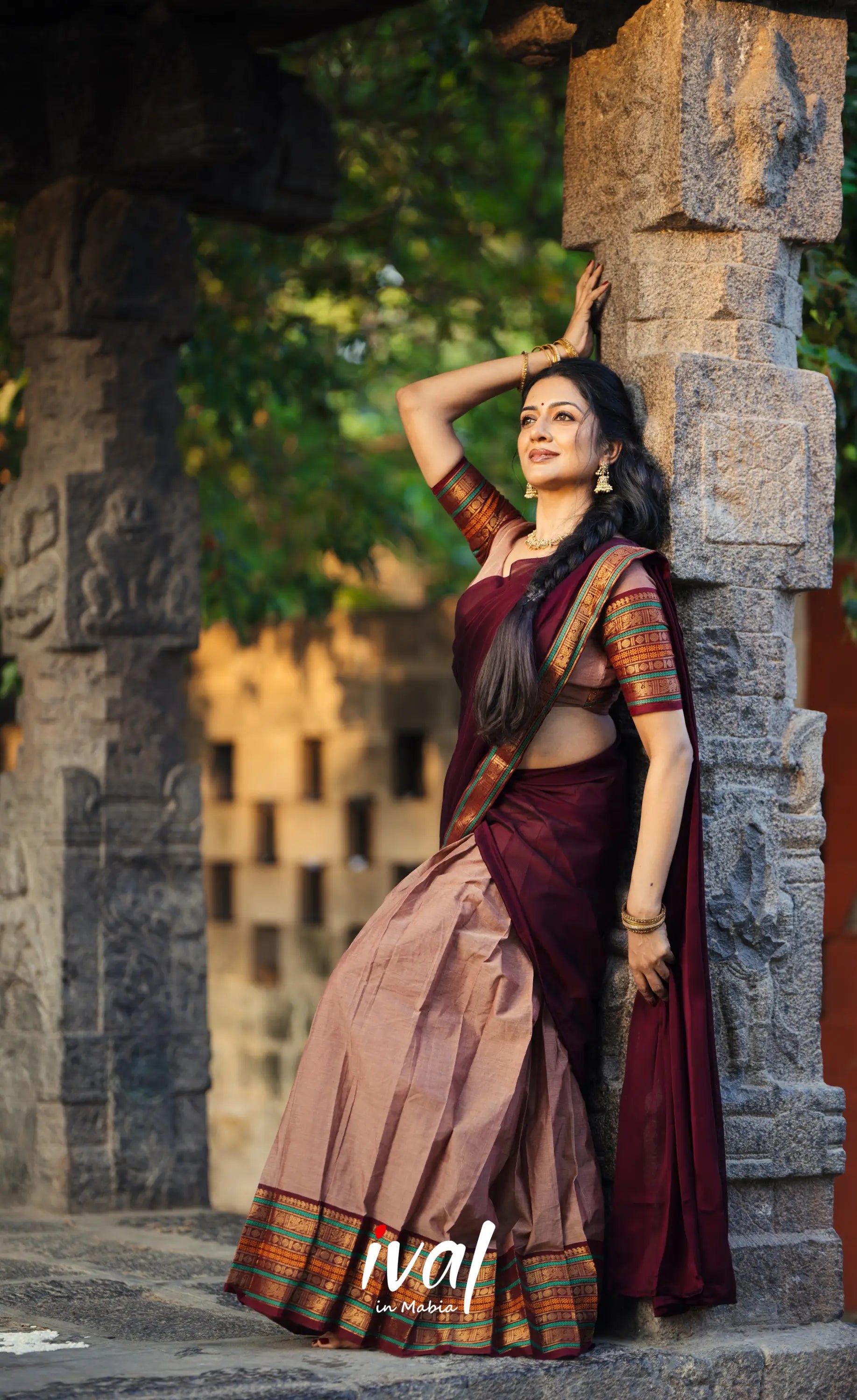 Padmaja Cotton Half Saree - Light Brown and Dark Brown Half Sarees