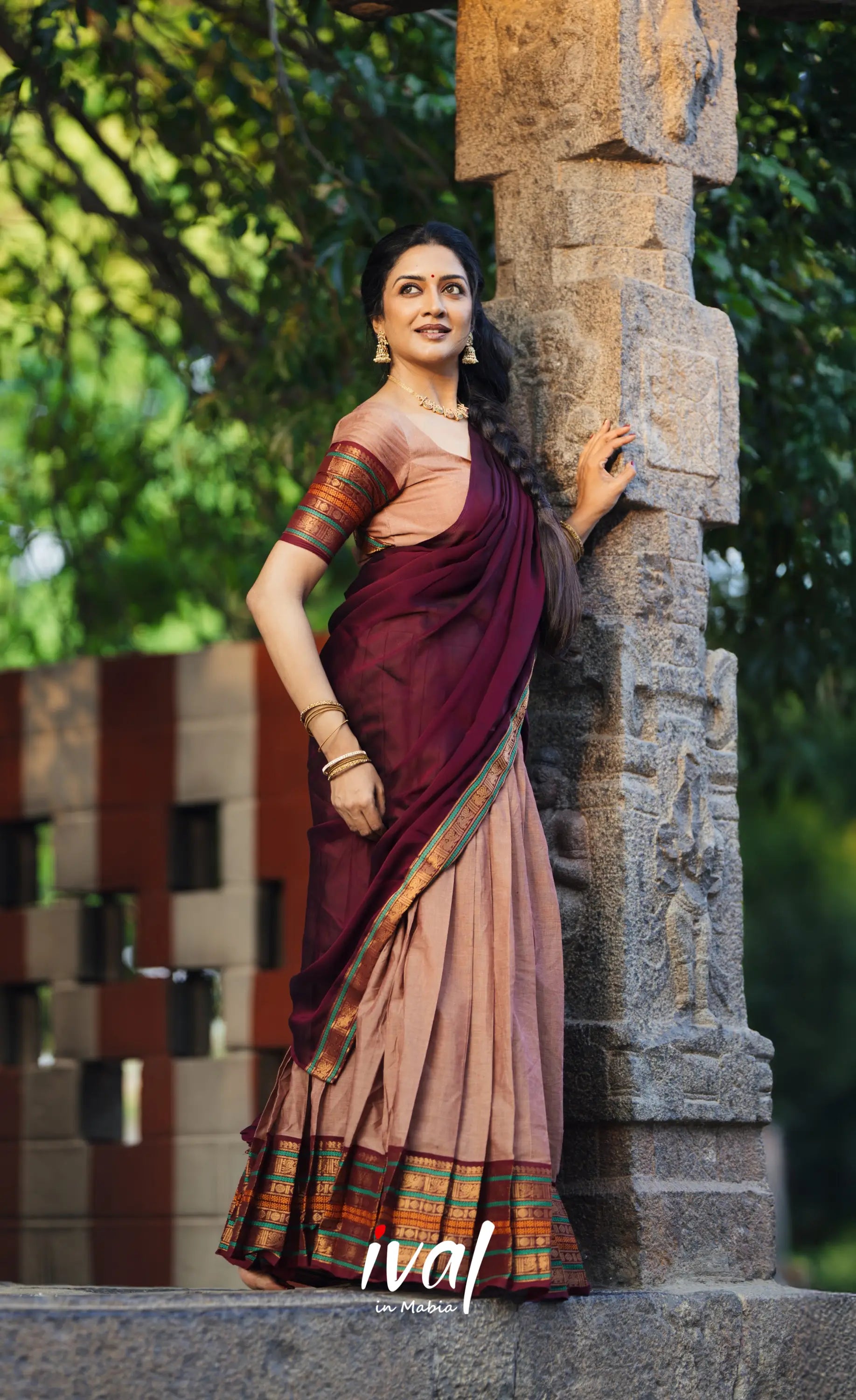 Padmaja Cotton Half Saree - Light Brown and Dark Brown Half Sarees