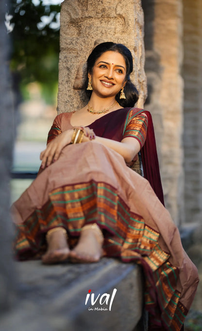 Padmaja Cotton Half Saree - Light Brown and Dark Brown Half Sarees