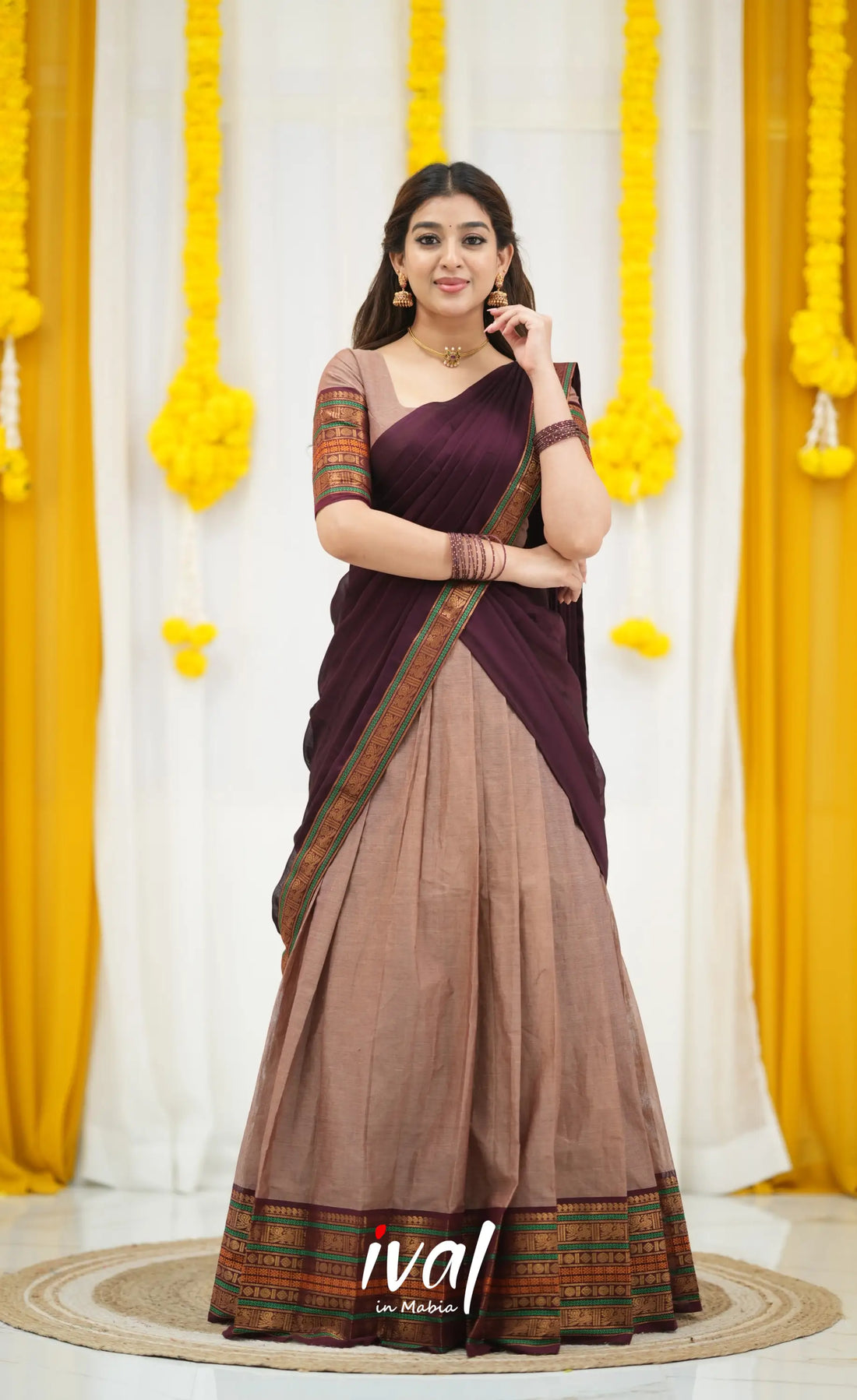 Padmaja Cotton Half Saree - Light Brown and Dark Brown Half Sarees