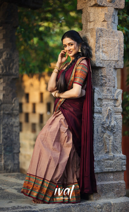 Padmaja Cotton Half Saree - Light Brown and Dark Brown Half Sarees
