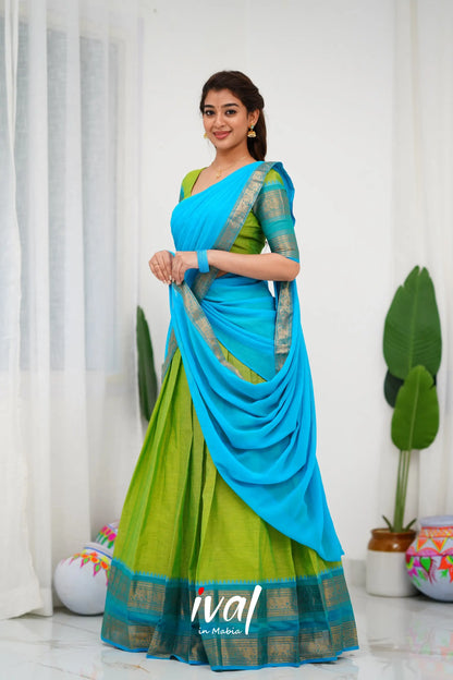 Padmaja Cotton Half Saree - Light Green And Blue Sarees