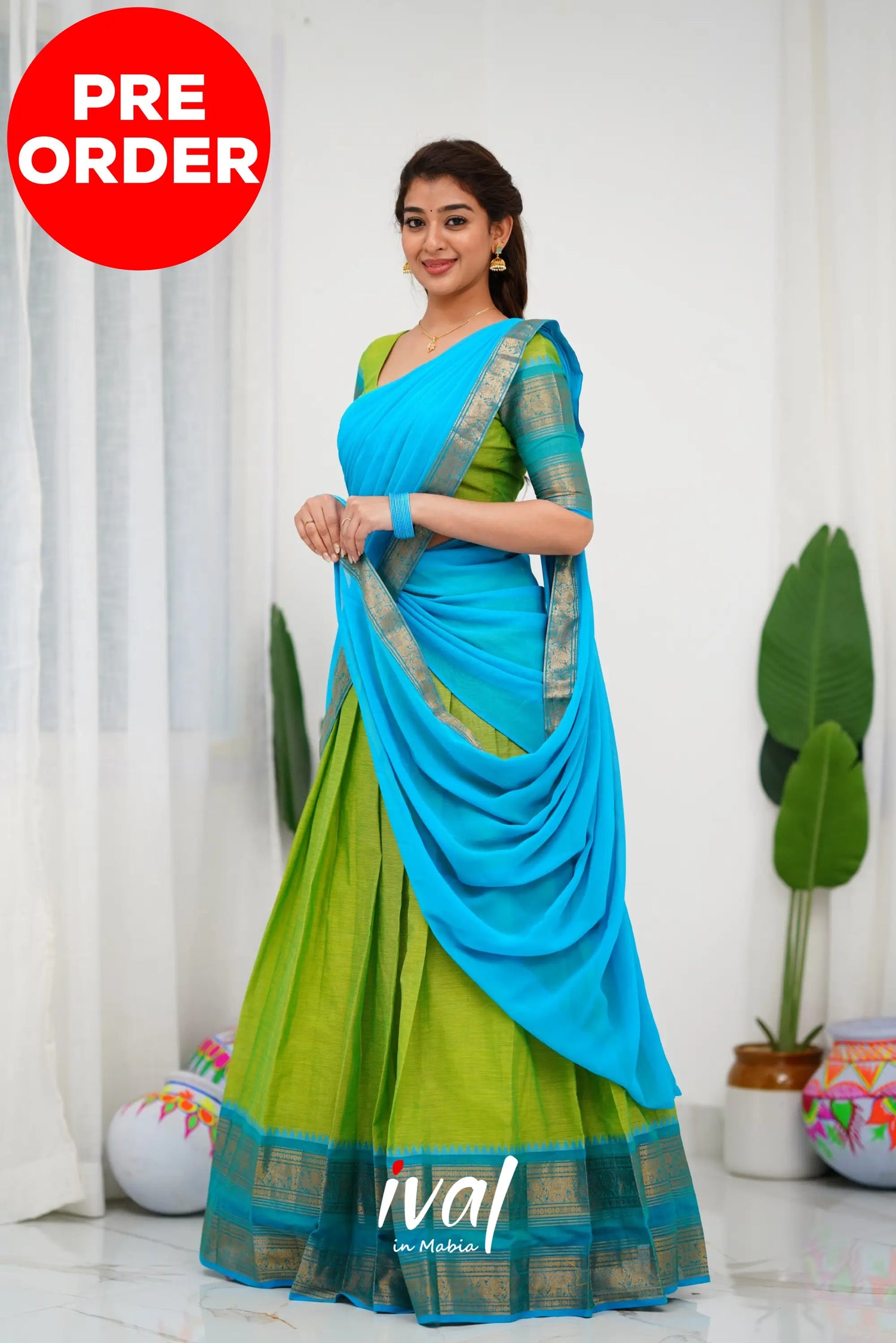 Padmaja Cotton Half Saree - Light Green And Blue Sarees