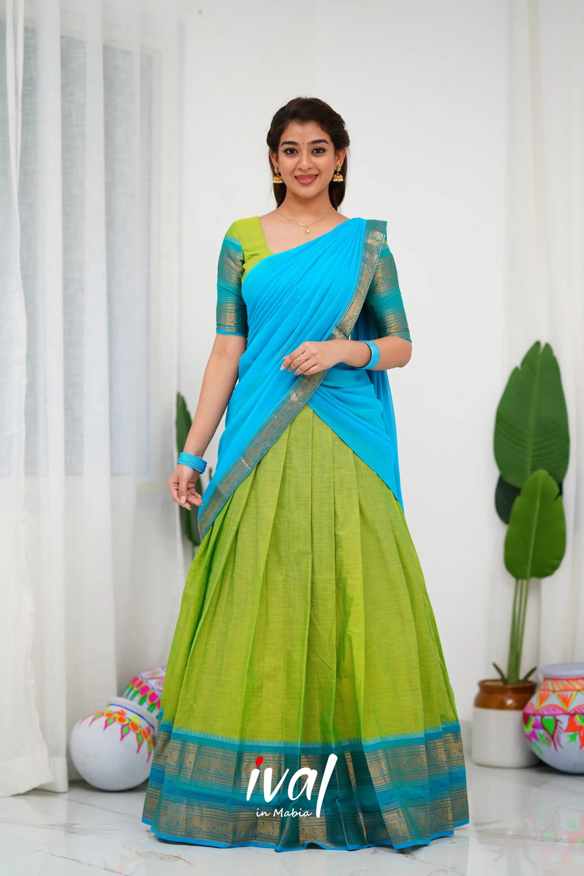 Padmaja Cotton Half Saree - Light Green And Blue Sarees