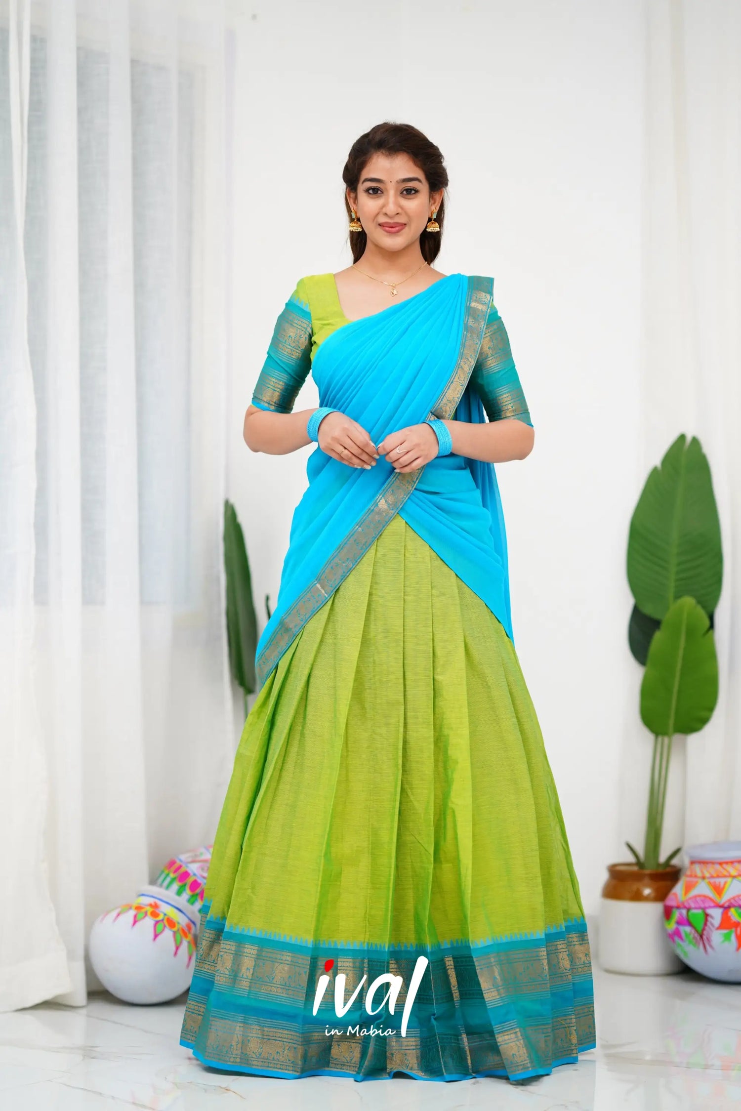 Padmaja Cotton Half Saree - Light Green And Blue Sarees