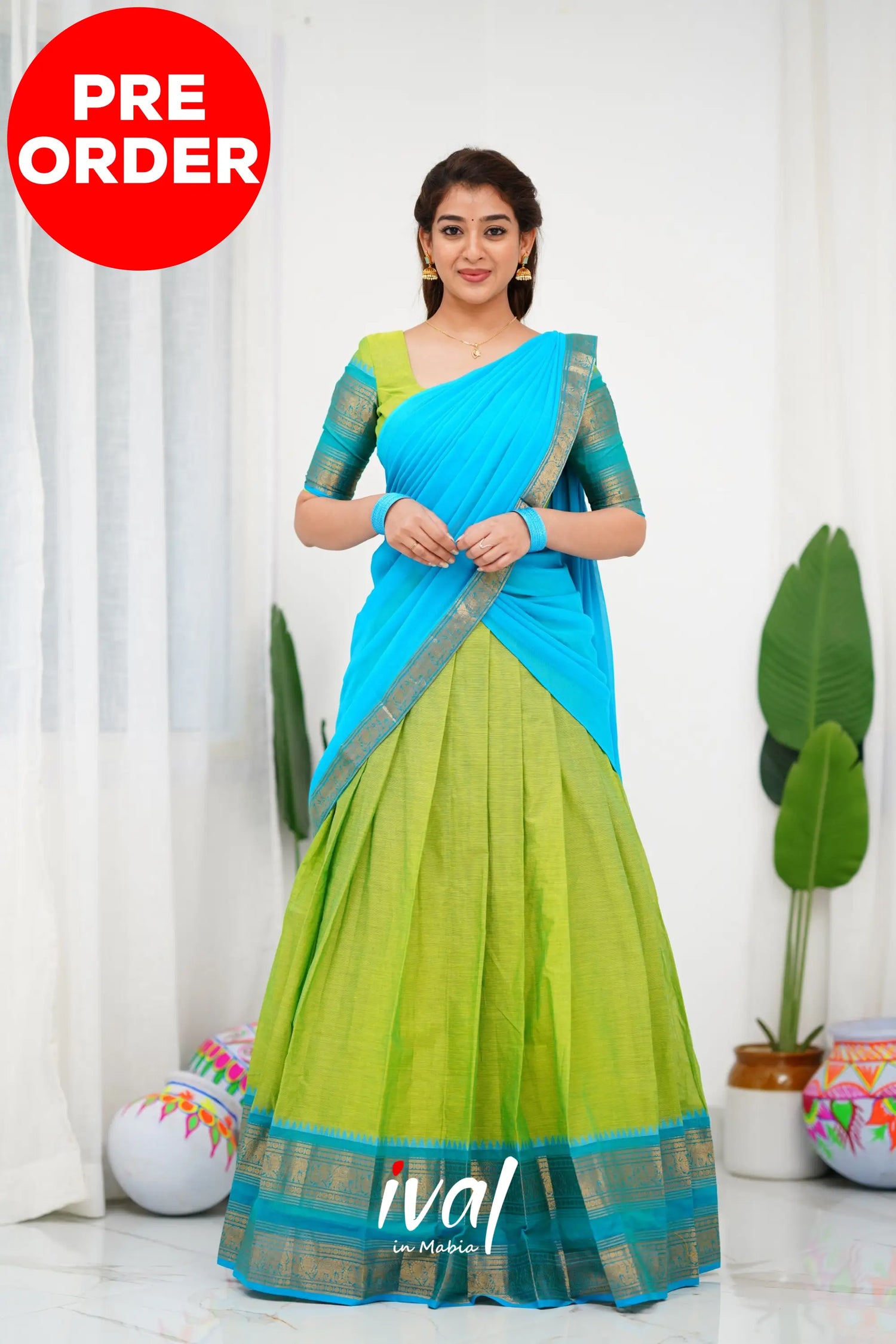 Padmaja Cotton Half Saree - Light Green And Blue Sarees