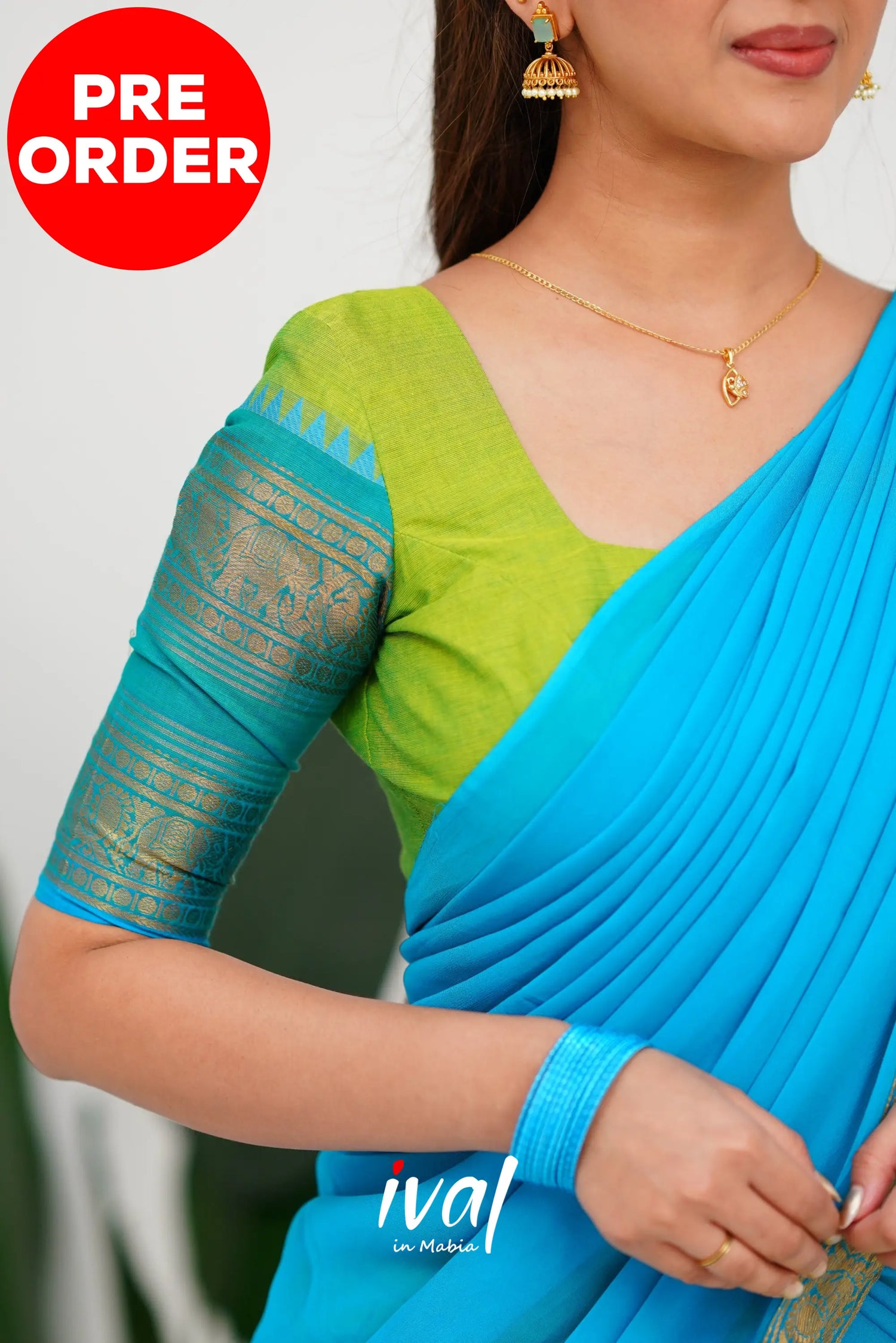 Padmaja Cotton Half Saree - Light Green And Blue Sarees