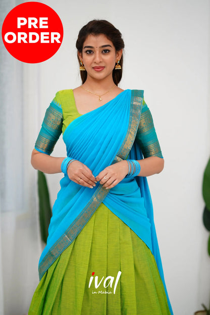 Padmaja Cotton Half Saree - Light Green And Blue Sarees