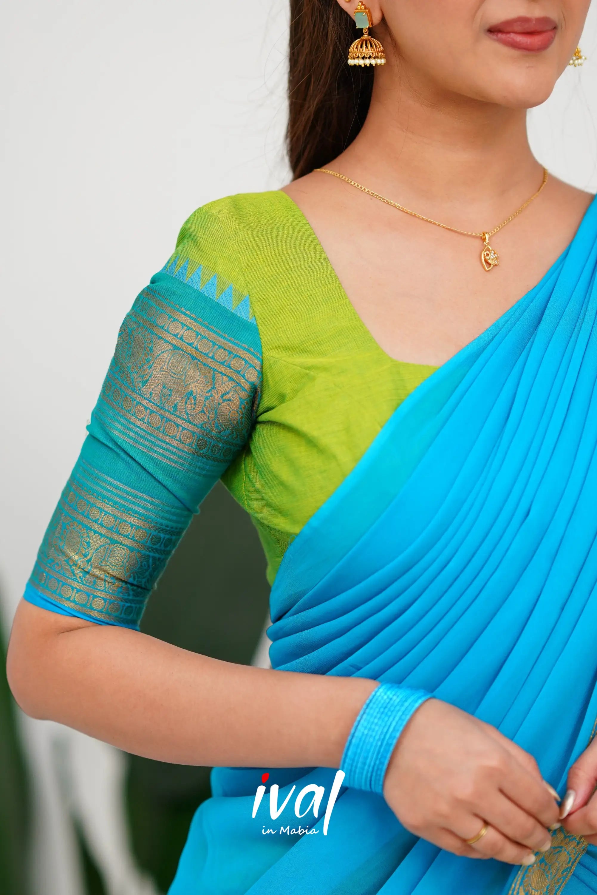 Padmaja Cotton Half Saree - Light Green And Blue Sarees