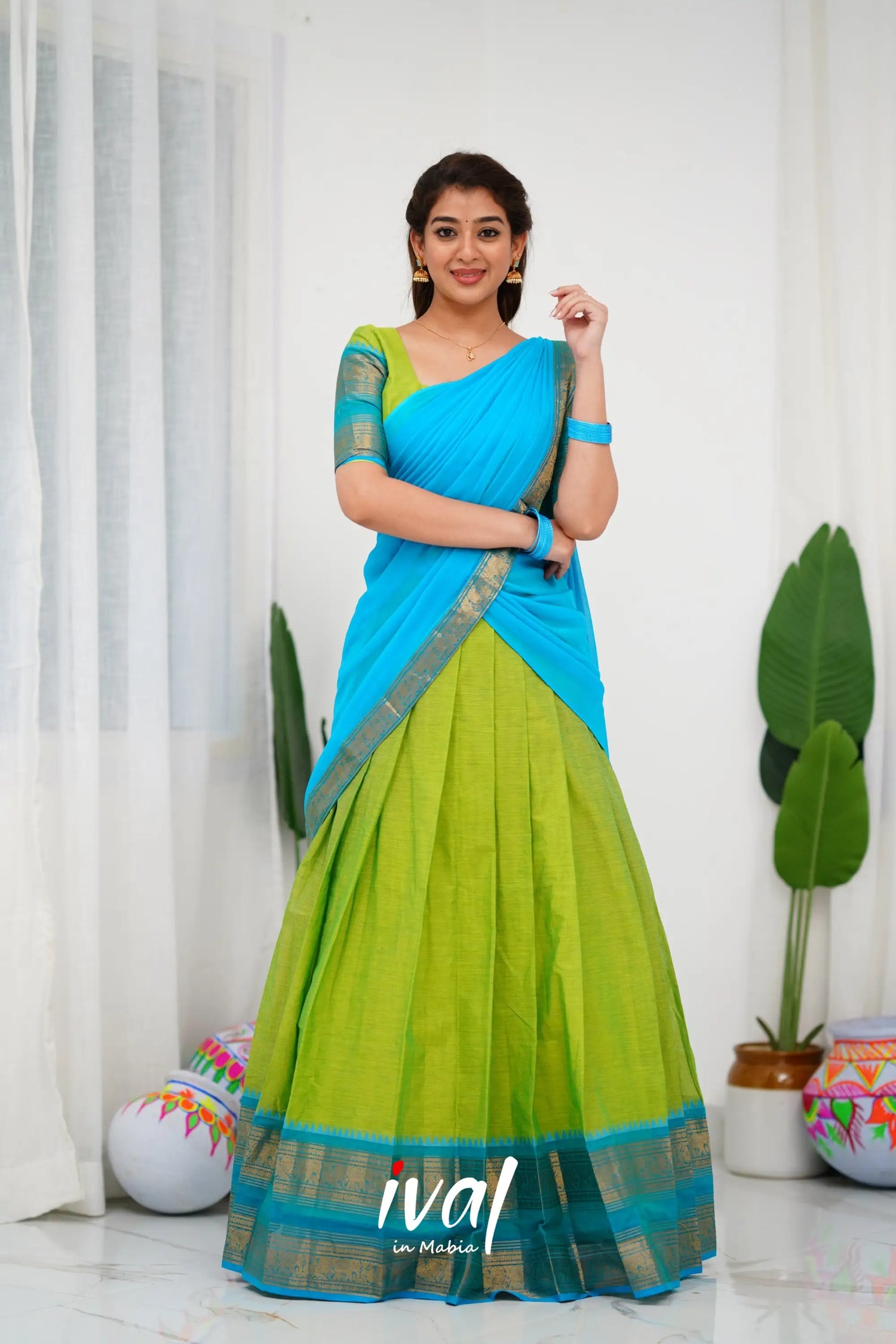 Padmaja Cotton Half Saree - Light Green And Blue Sarees