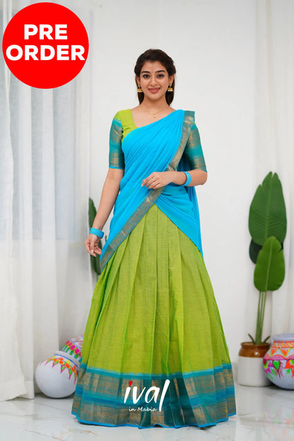 Padmaja Cotton Half Saree - Light Green And Blue Sarees