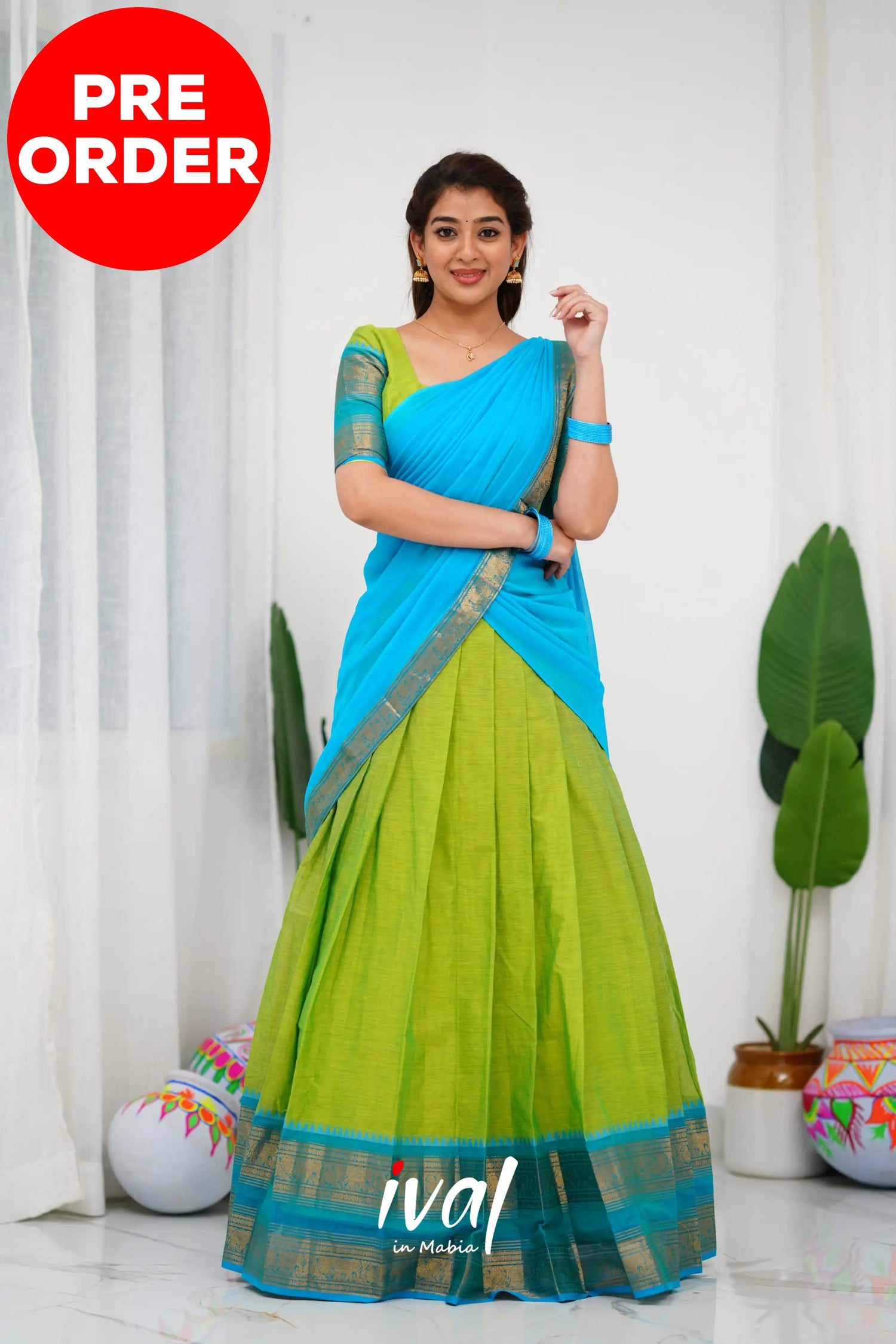 Padmaja Cotton Half Saree - Light Green And Blue Sarees