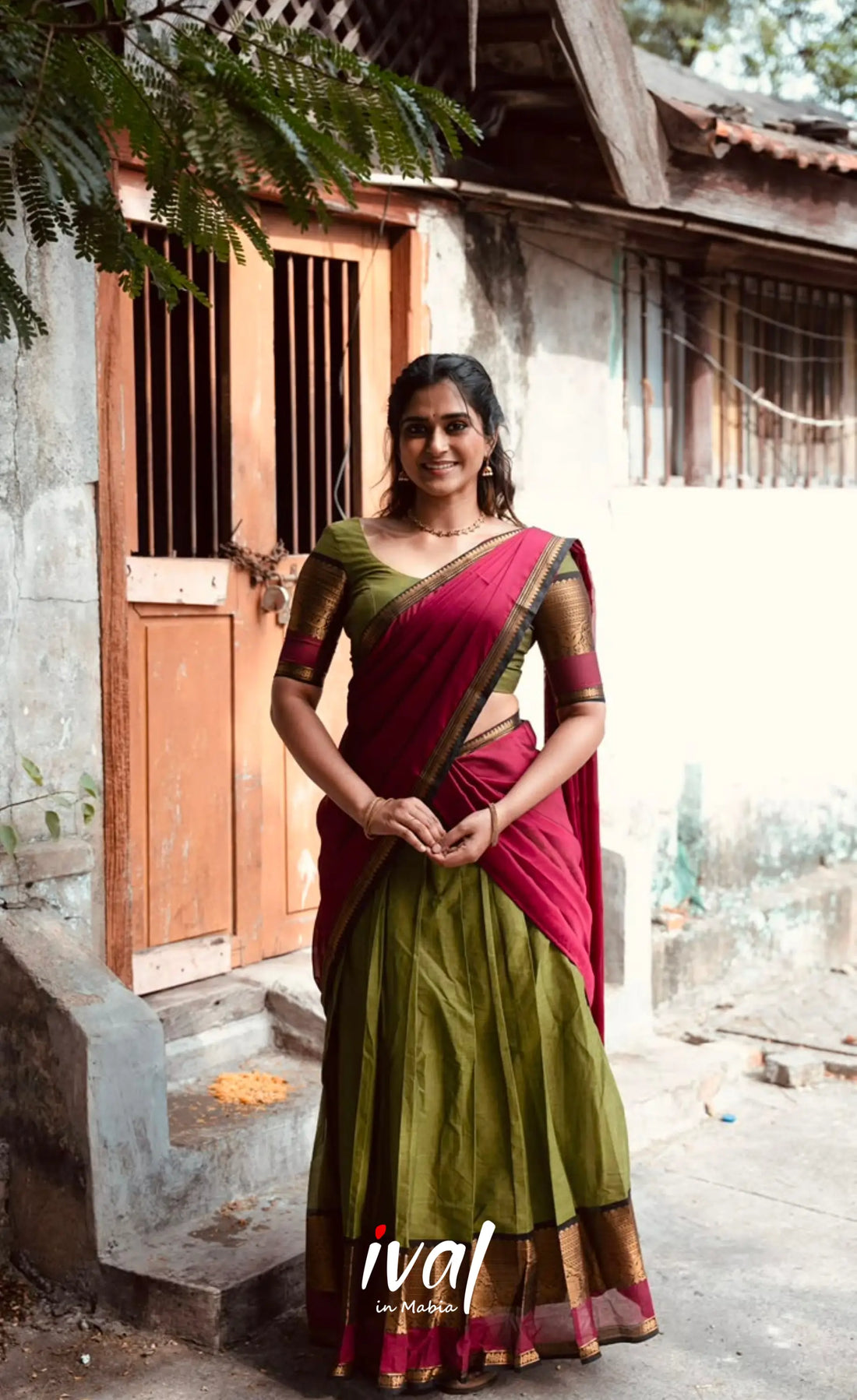 Padmaja Cotton Half Saree - Light green and Magenta pink (Copy) - Half Sarees