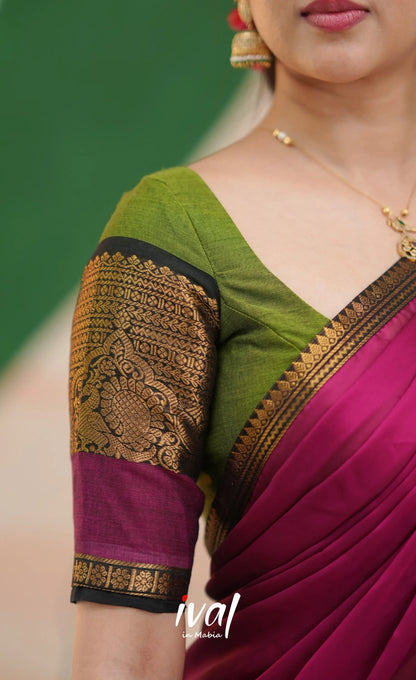 Padmaja Cotton Half Saree - Light green and Magenta pink - Half Sarees