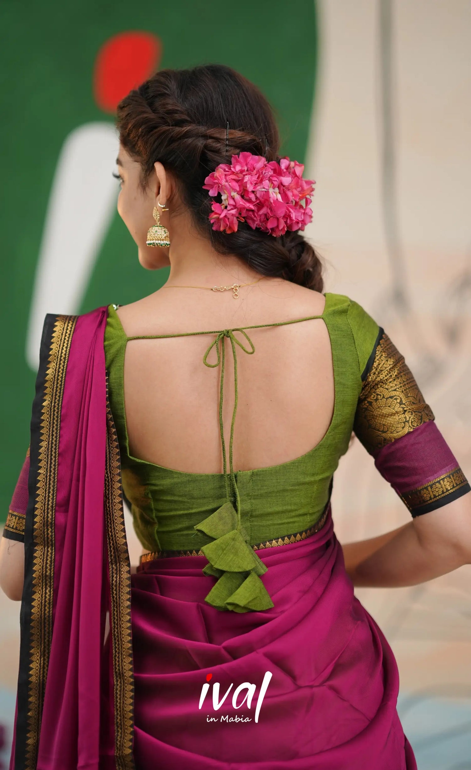 Padmaja Cotton Half Saree - Light green and Magenta pink - Half Sarees
