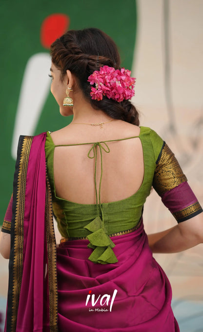 Padmaja Cotton Half Saree - Light green and Magenta pink - Half Sarees