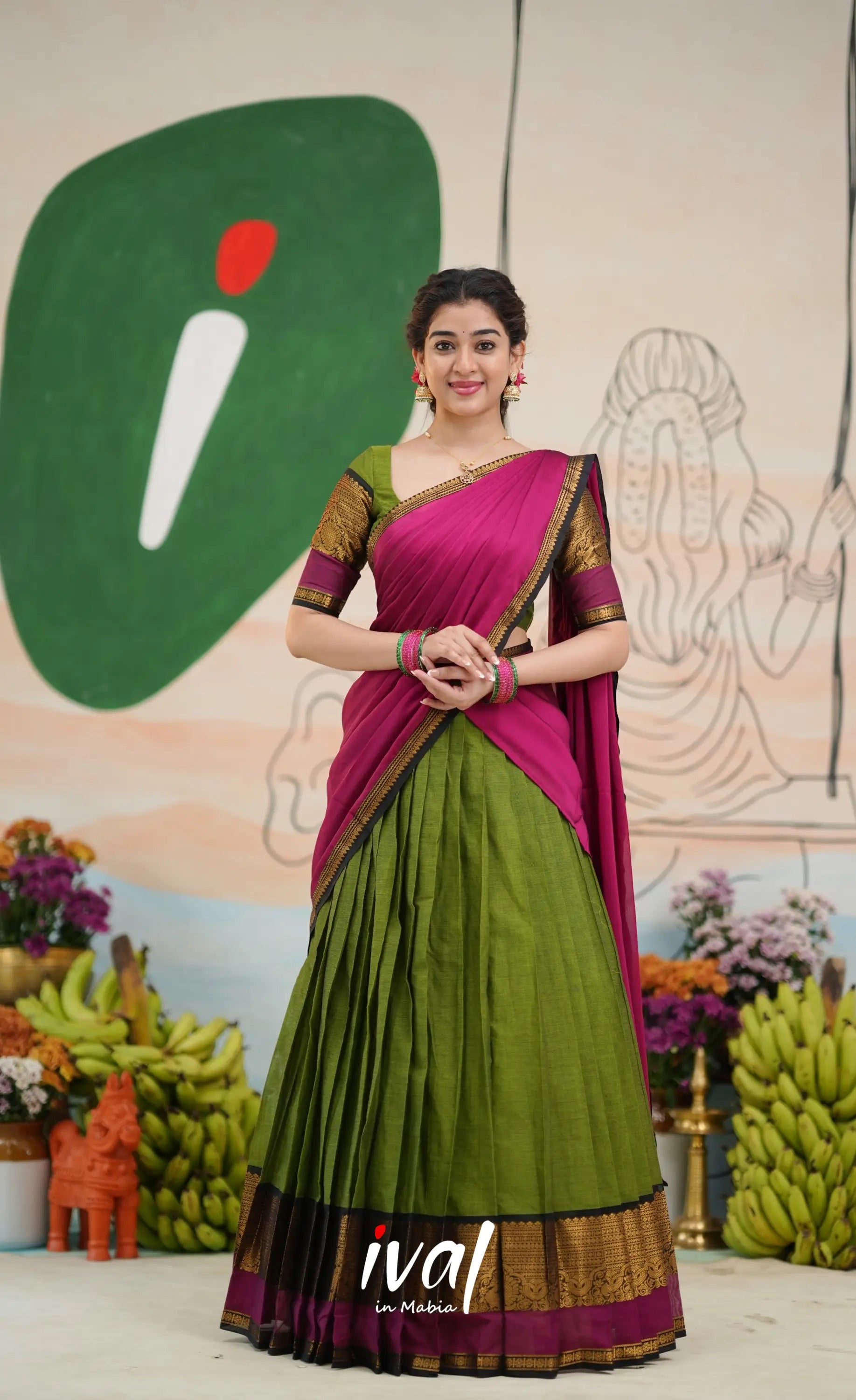 Padmaja Cotton Half Saree - Light green and Magenta pink - Half Sarees