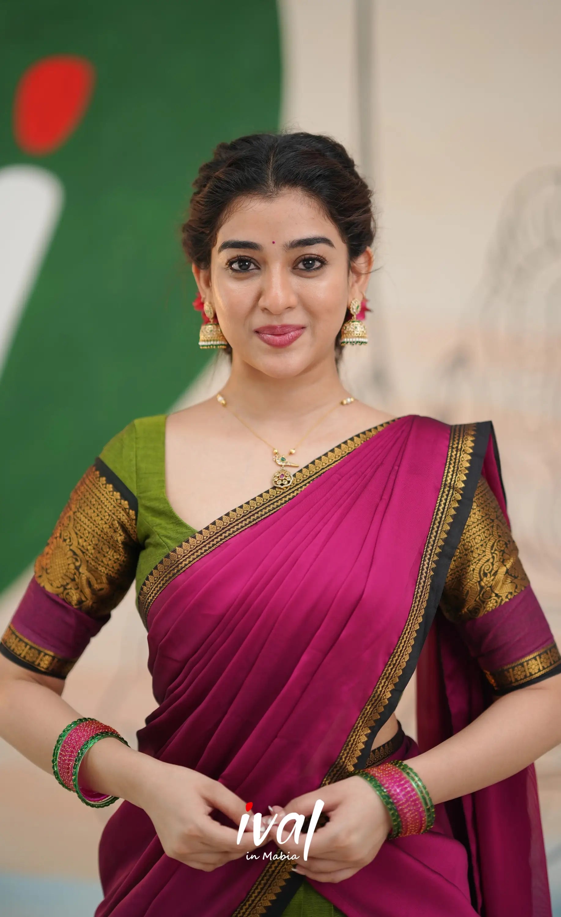 Padmaja Cotton Half Saree - Light green and Magenta pink - Half Sarees