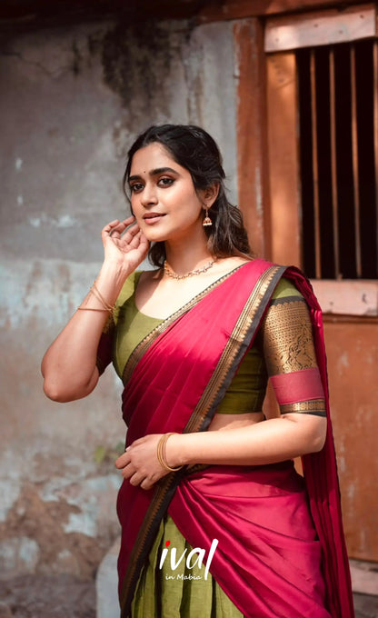 Padmaja Cotton Half Saree - Light green and Magenta pink (Copy) - Half Sarees