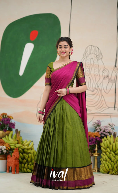 Padmaja Cotton Half Saree - Light green and Magenta pink - Half Sarees