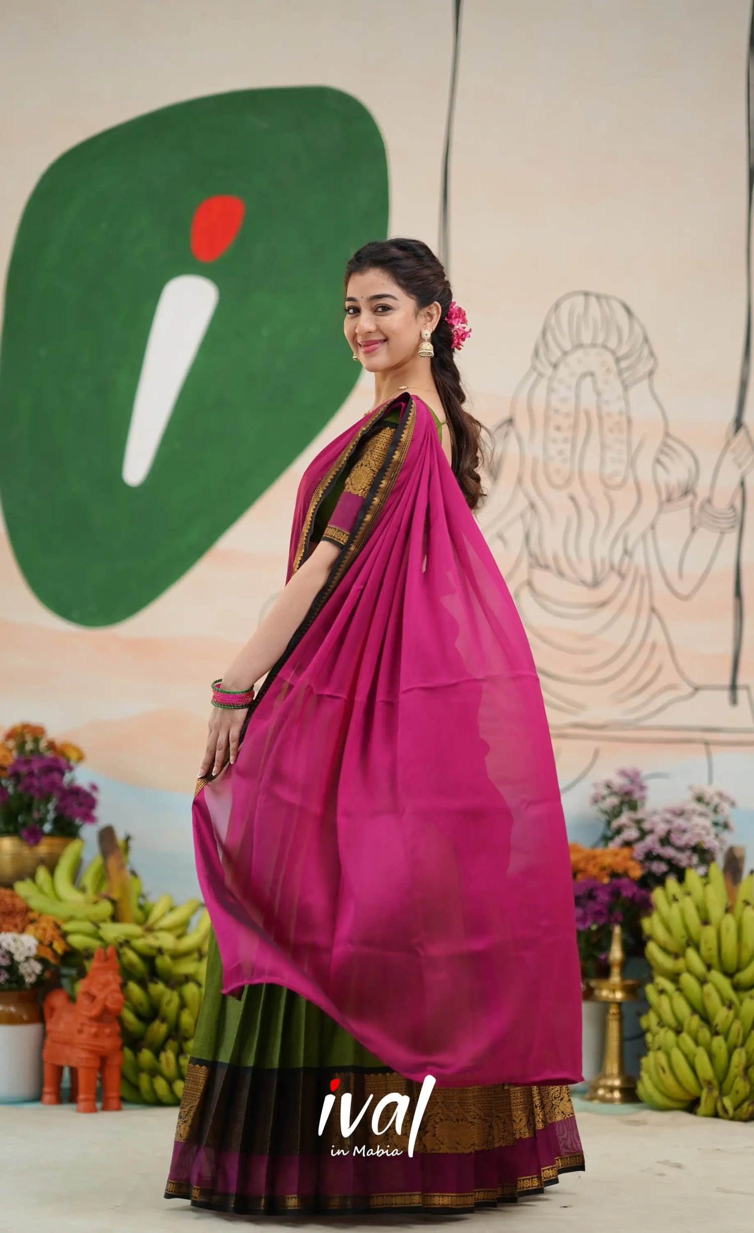 Padmaja Cotton Half Saree - Light green and Magenta pink - Half Sarees