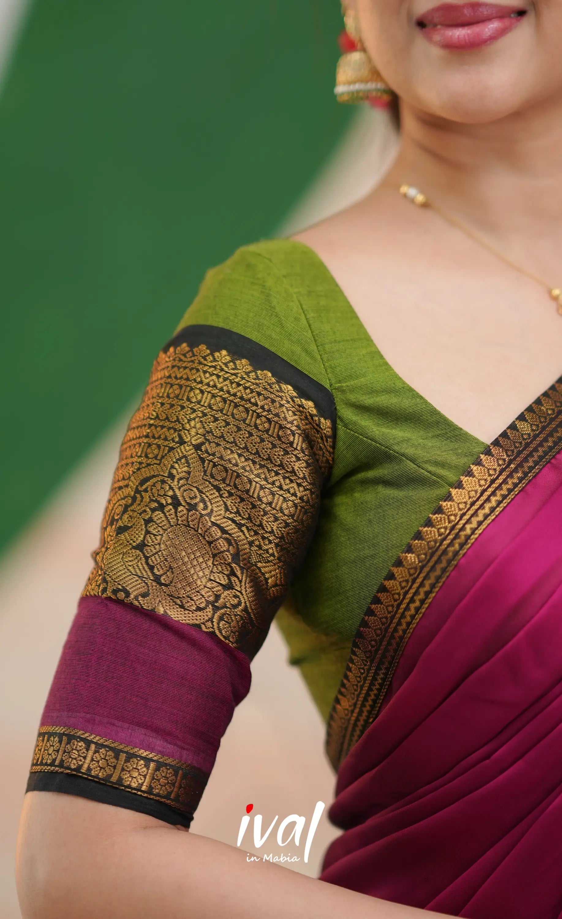 Padmaja Cotton Half Saree - Light green and Magenta pink - Half Sarees