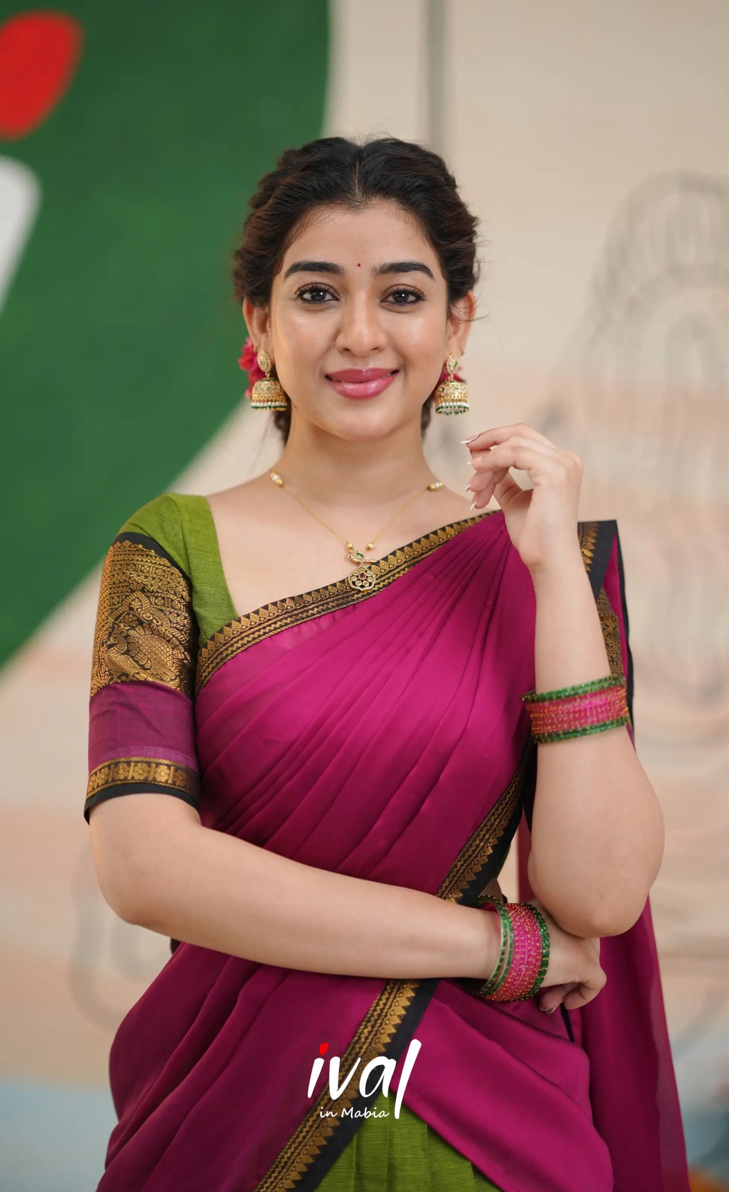 Padmaja Cotton Half Saree - Light green and Magenta pink - Half Sarees