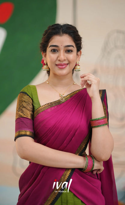 Padmaja Cotton Half Saree - Light green and Magenta pink - Half Sarees