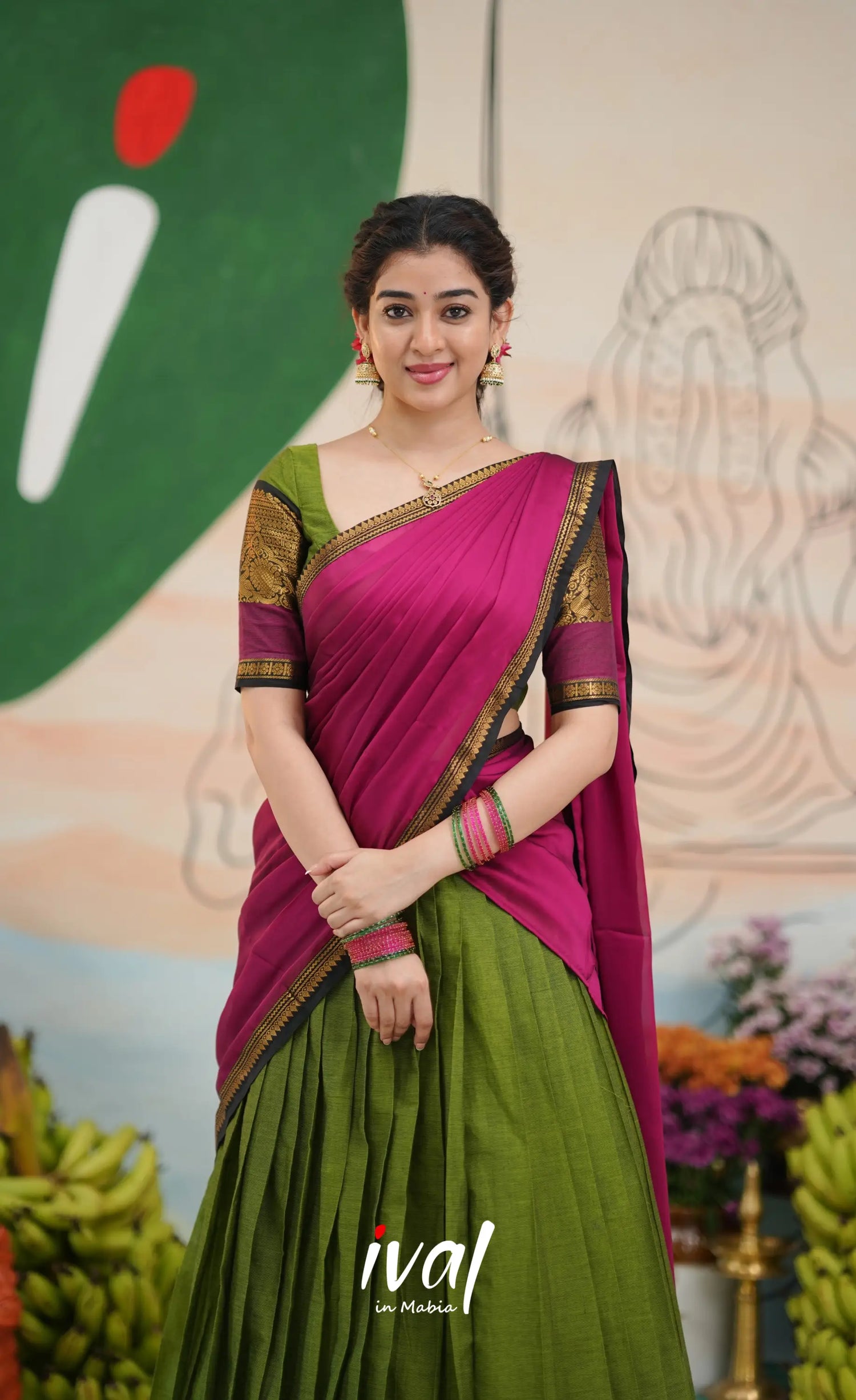 Padmaja Cotton Half Saree - Light green and Magenta pink - Half Sarees