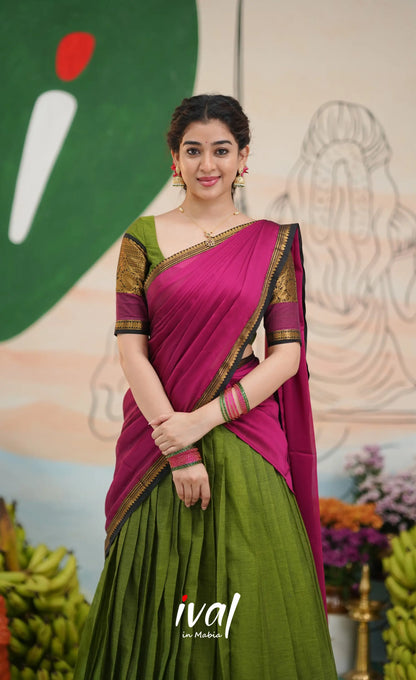 Padmaja Cotton Half Saree - Light green and Magenta pink - Half Sarees